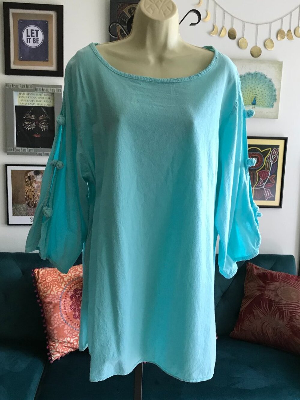 GIOCAM size M Aqua Blue Peruvian Cotton Gauze Artsy Sleeves Tunic Top